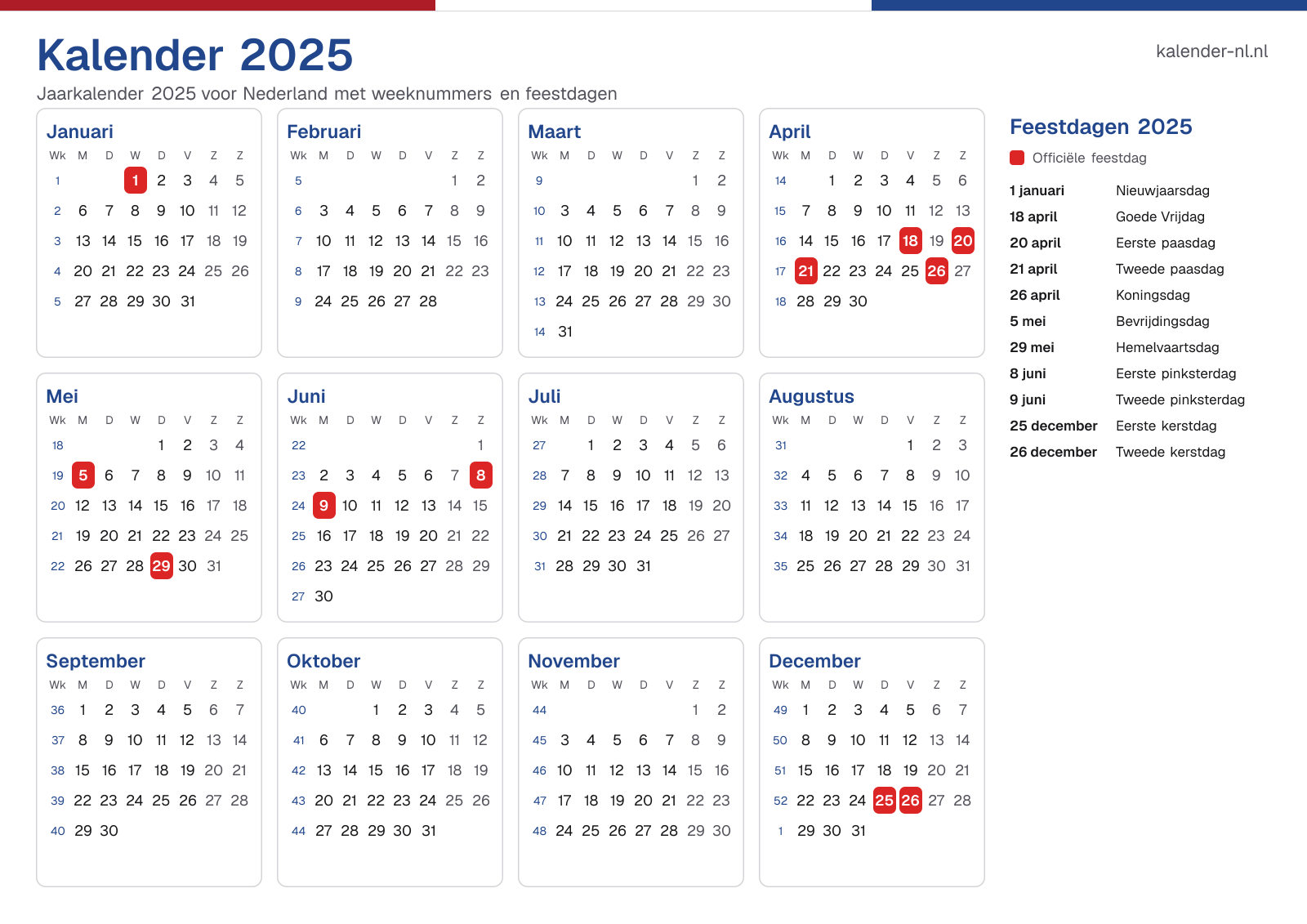 Kalender 2025 met weeknummers en feestdagen