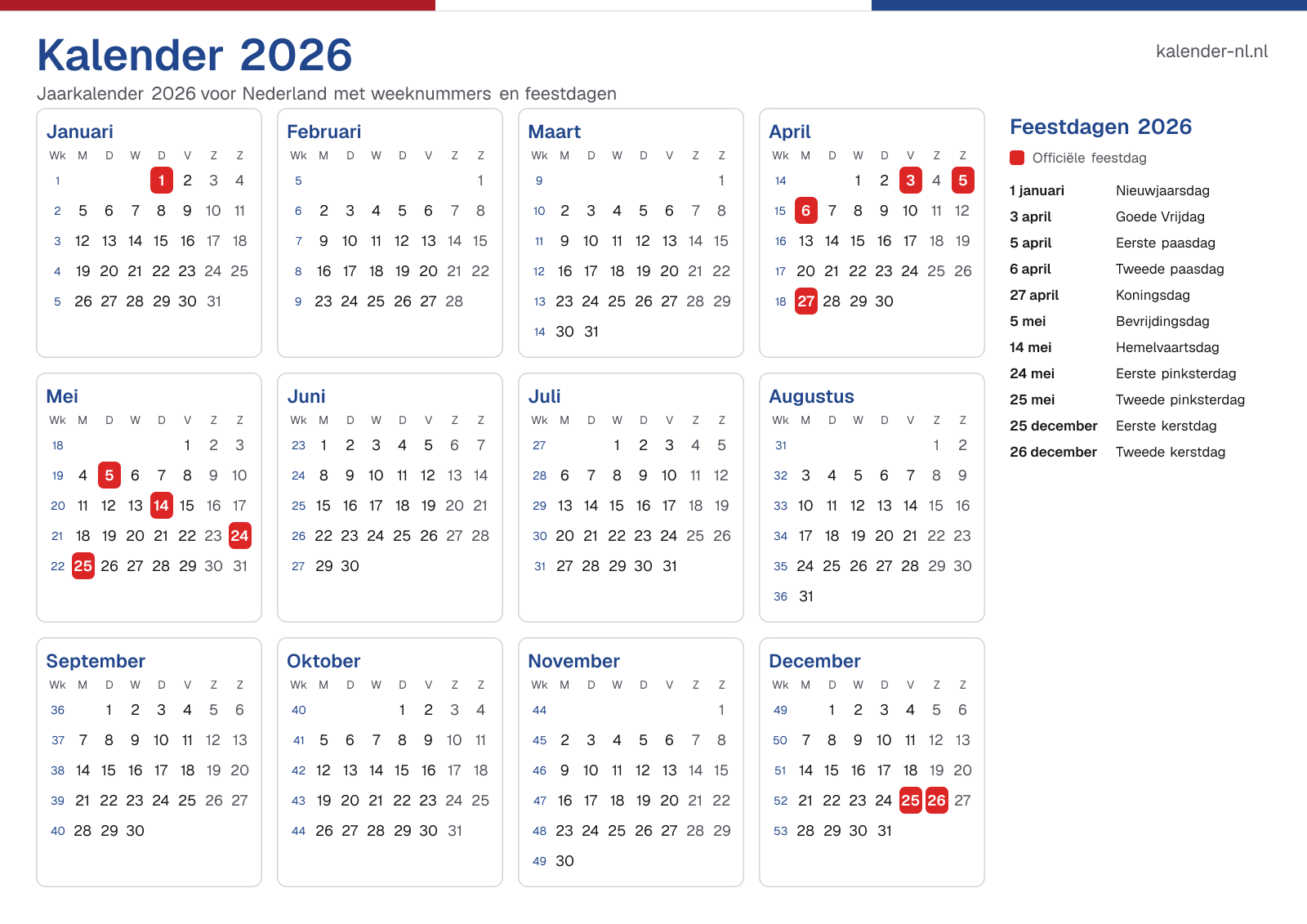 Kalender 2026 met weeknummers en feestdagen