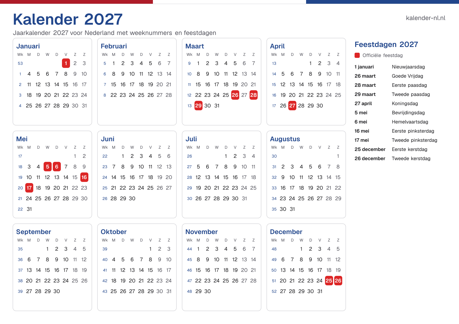 Kalender 2027 met weeknummers en feestdagen