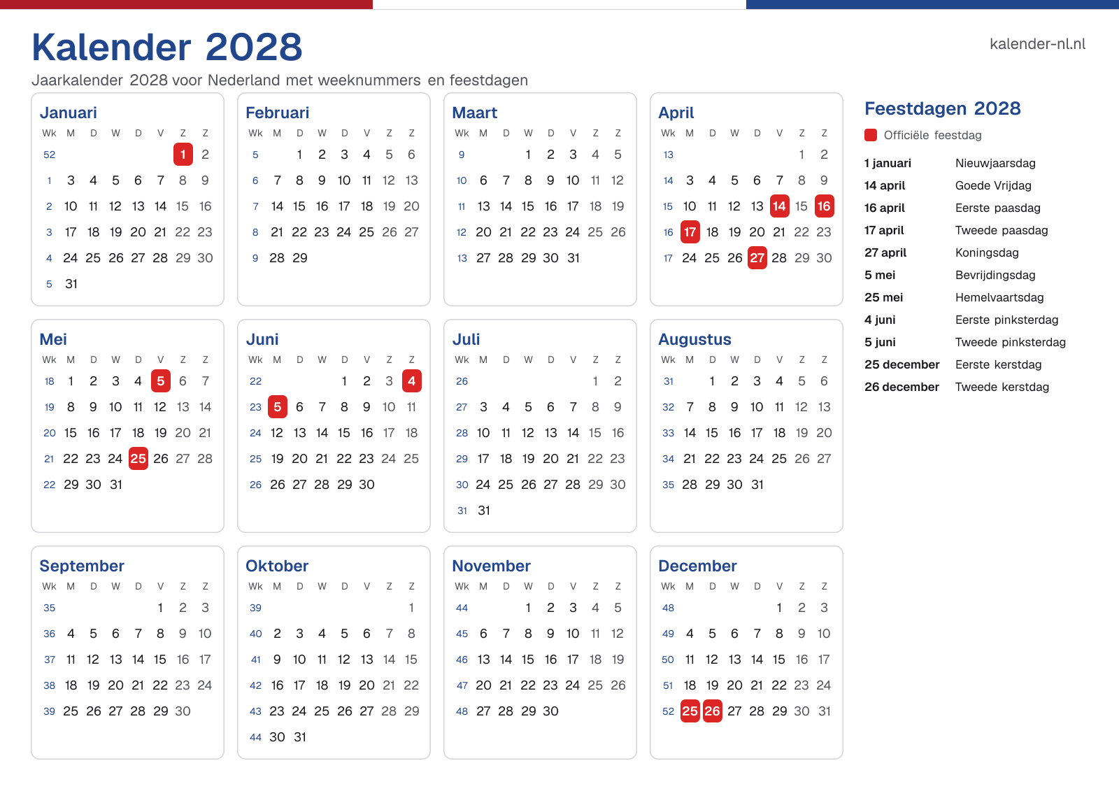 Kalender 2028 met weeknummers en feestdagen