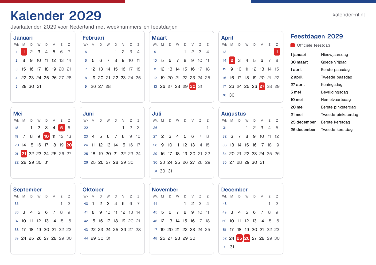 Kalender 2029 met weeknummers en feestdagen