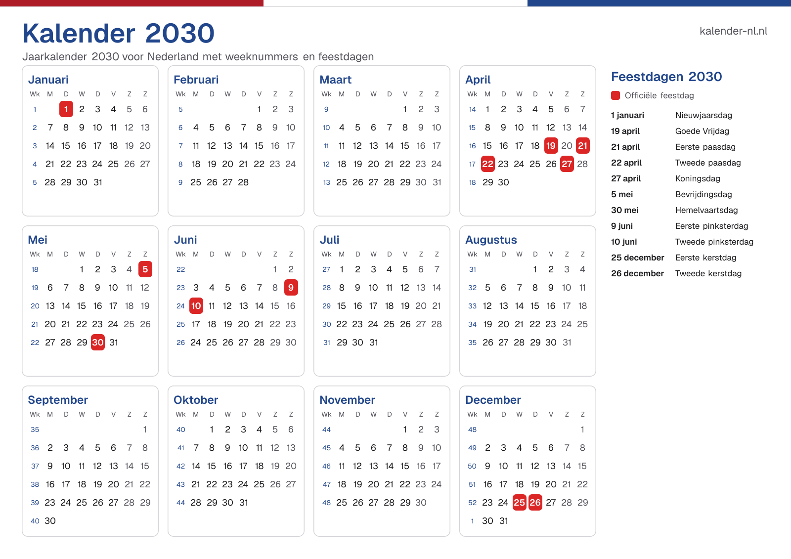 Kalender 2030 met weeknummers en feestdagen