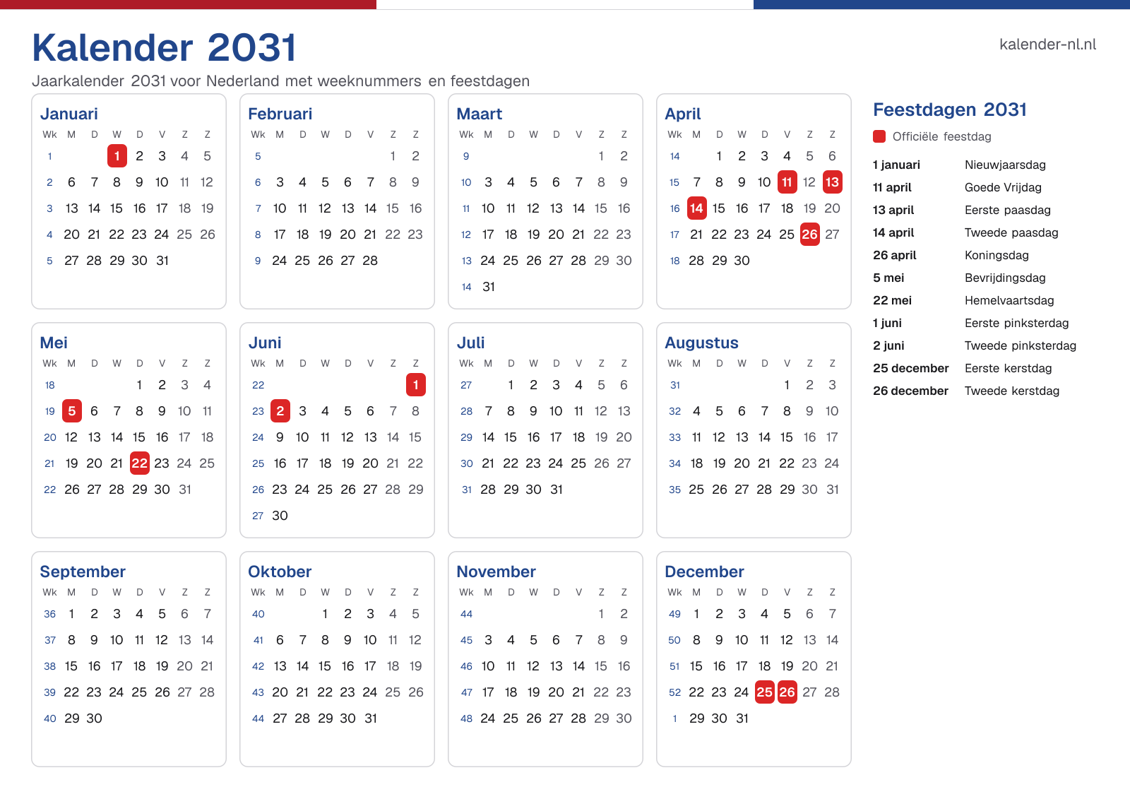 Kalender 2031 met weeknummers en feestdagen